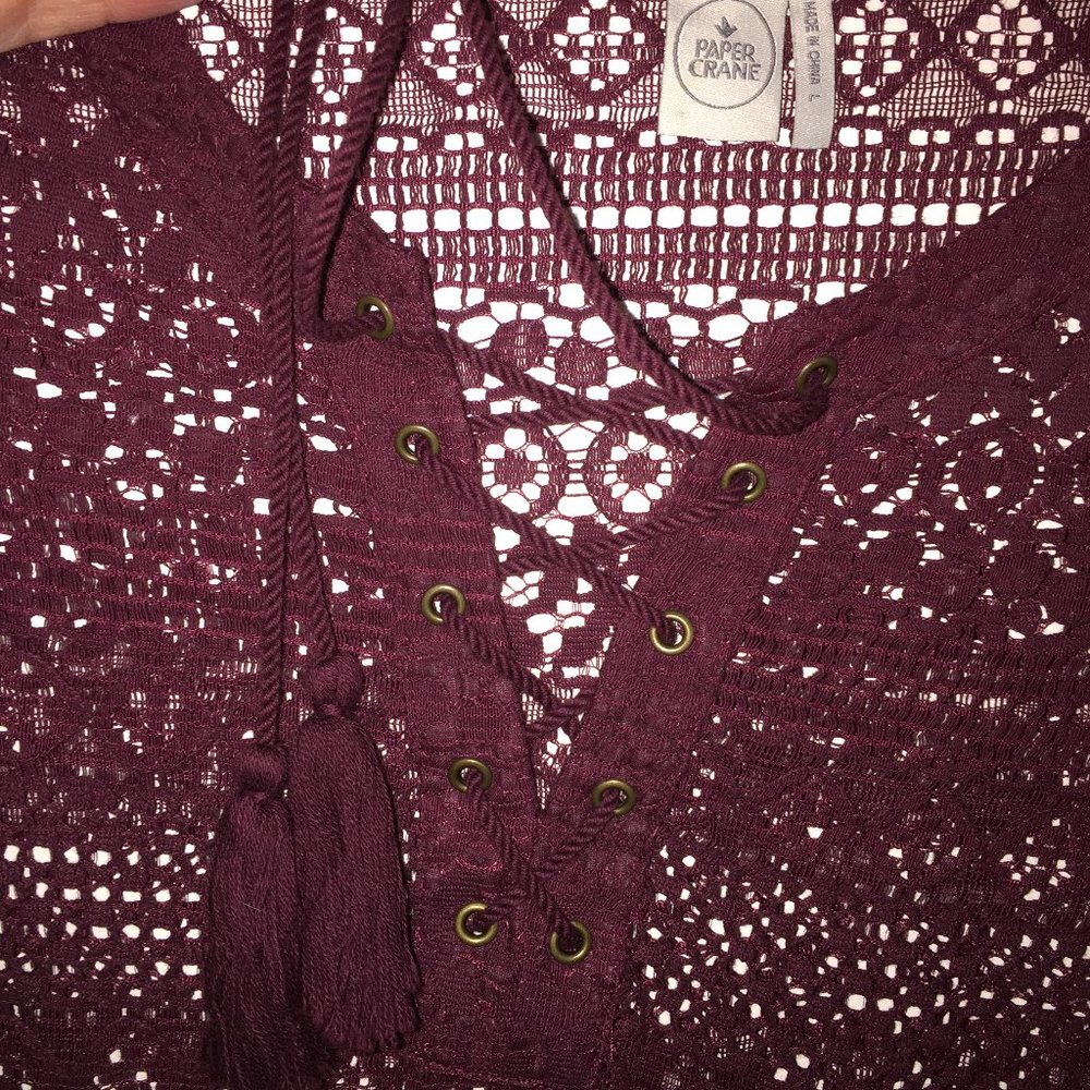 Burgundy Lace Blouse Bell Sleeves Large - Picture 3 of 5